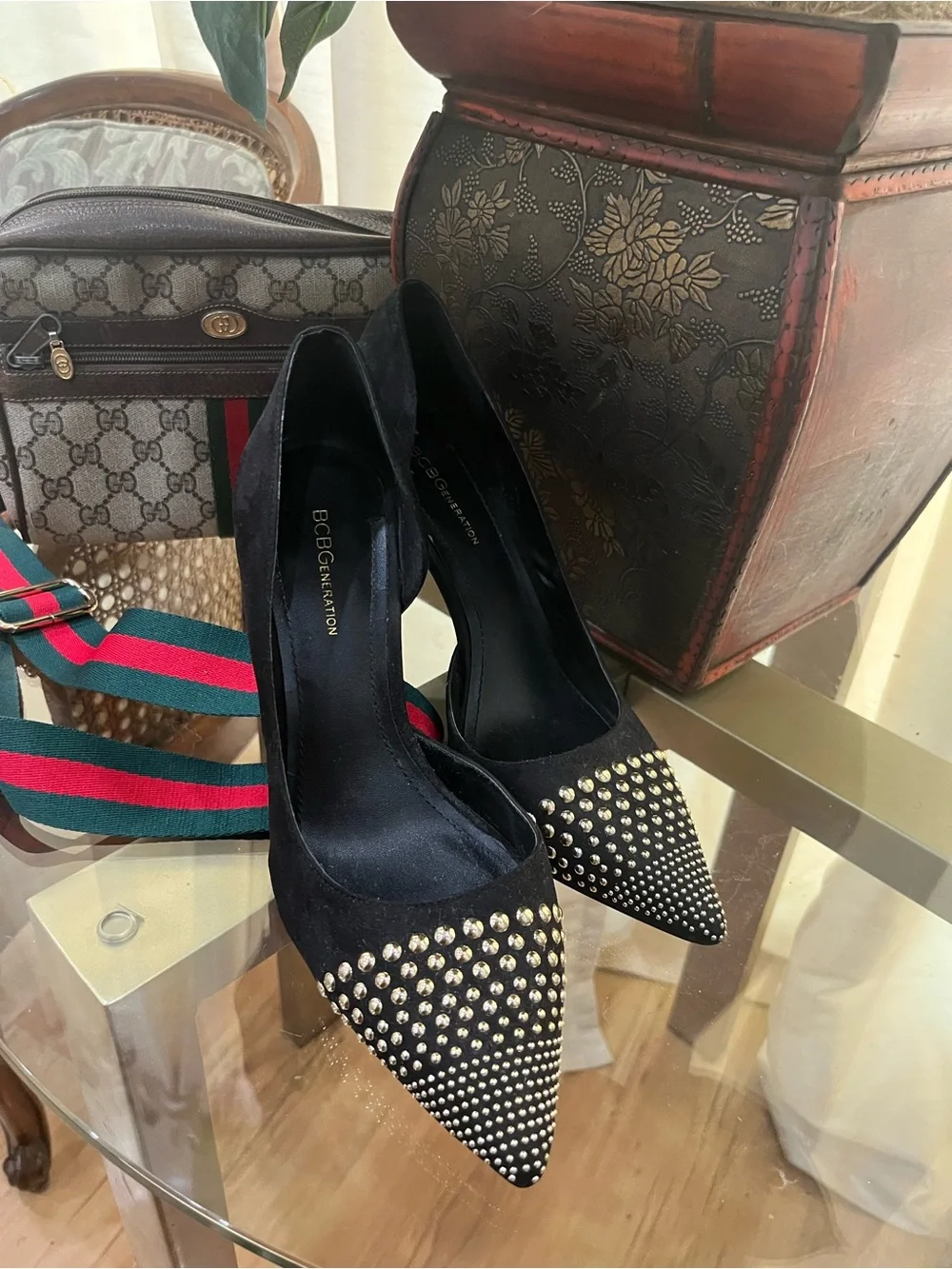 BCBGeneration Black Studded Pointed-Toe Pumps